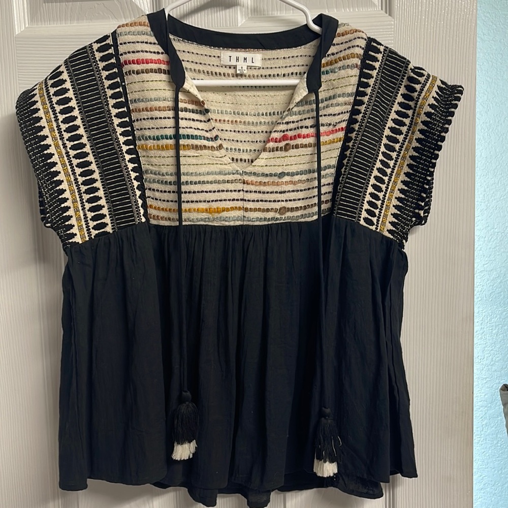 BLACK JAMAICA EMBROIDERED BABYDOLL TOP TASSELS